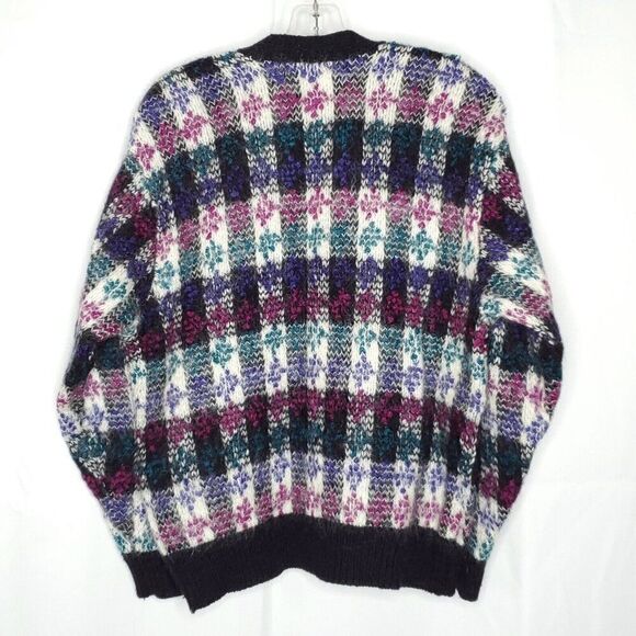 Vintage 80s Le Moda Cardigan Sweater M Black Purple Mohair Plaid Retro Preppy - Picture 2 of 6
